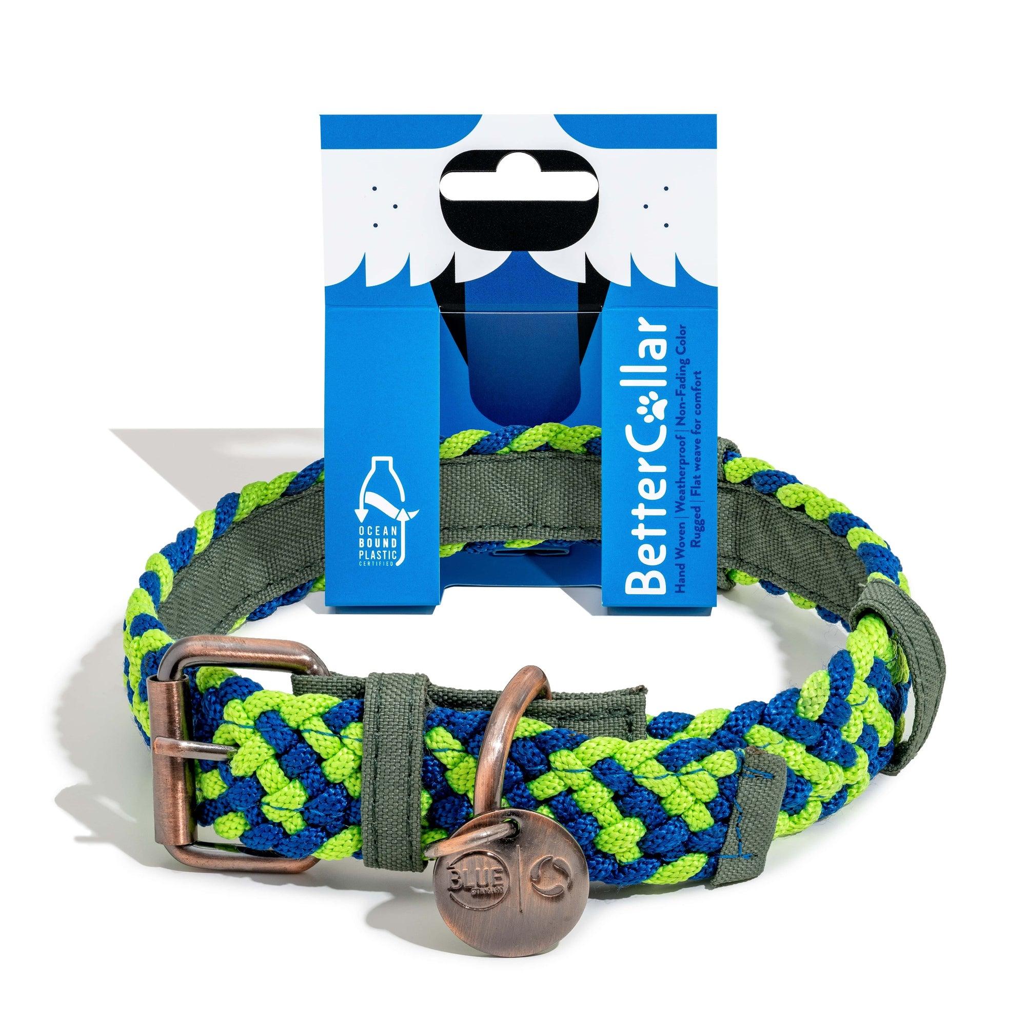 BetterBone BetterCollar 100% Fairtrade Recycled Ocean Bound Plastic Dog Collar, Neon Green/Royal Blue, Small