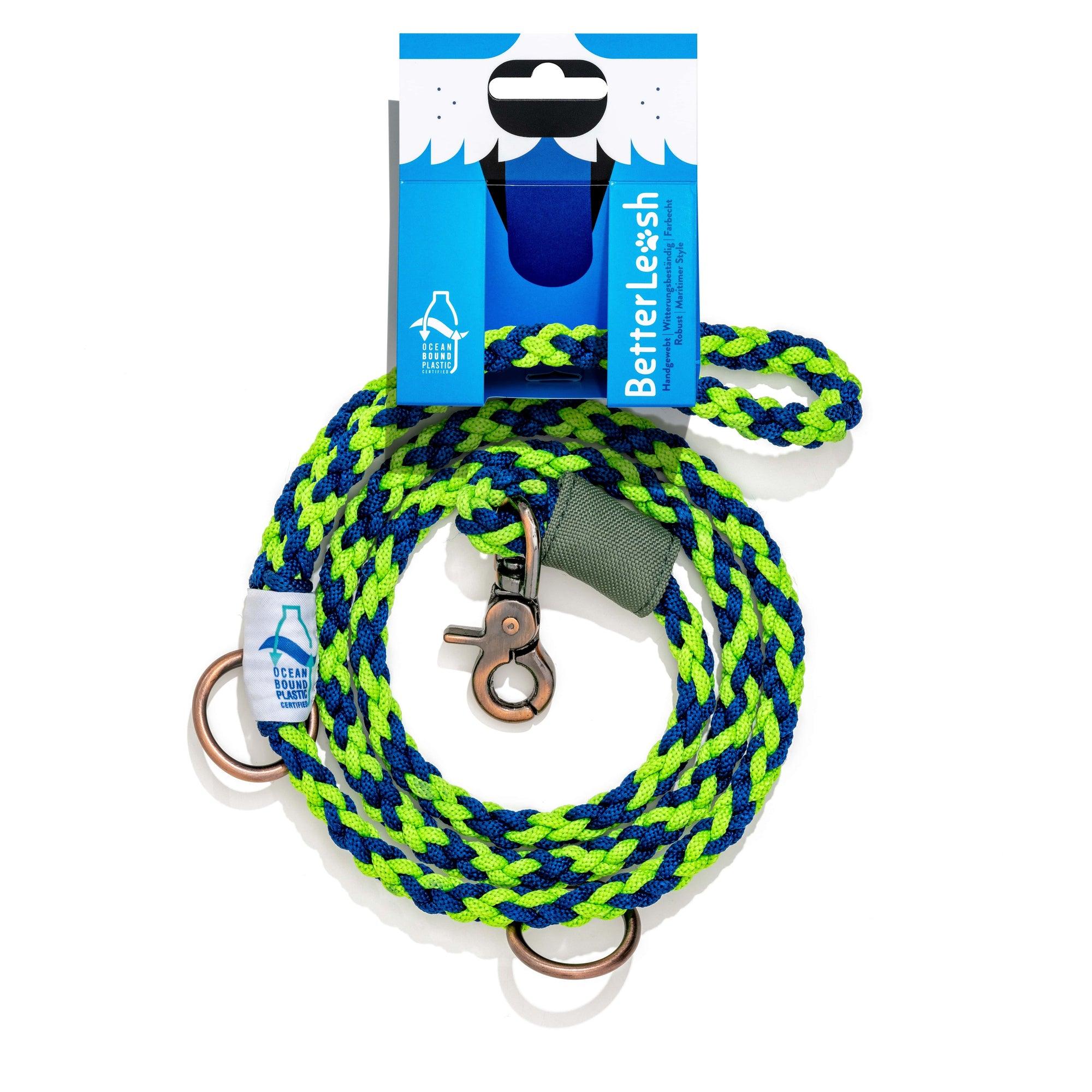 BetterBone BetterLeash 100% Fairtrade Recycled Ocean Bound Plastic Dog Leash, Neon Green/Royal Blue, Large