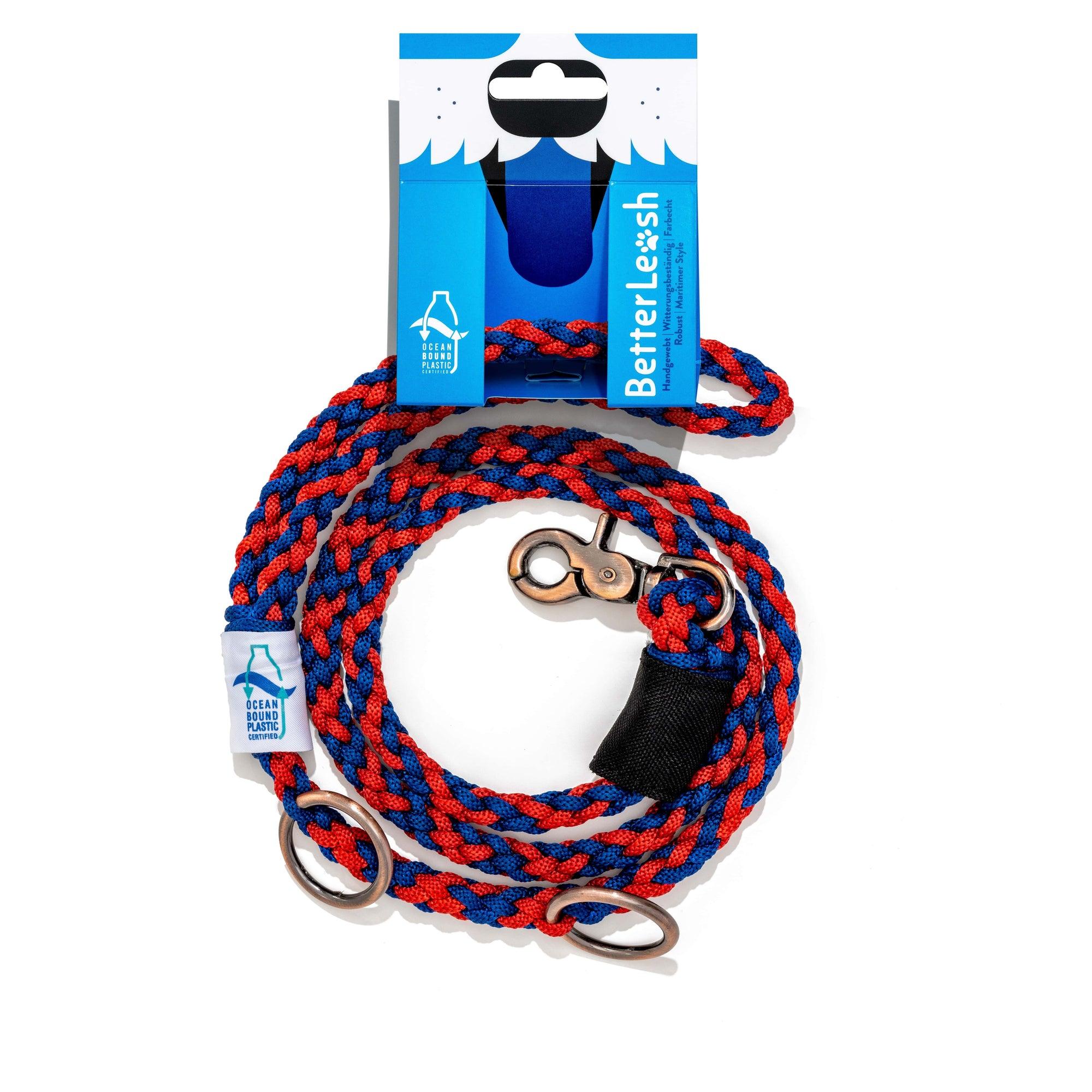 BetterBone BetterLeash 100% Fairtrade Recycled Ocean Bound Plastic Dog Leash, Royal Red/Blue, Large