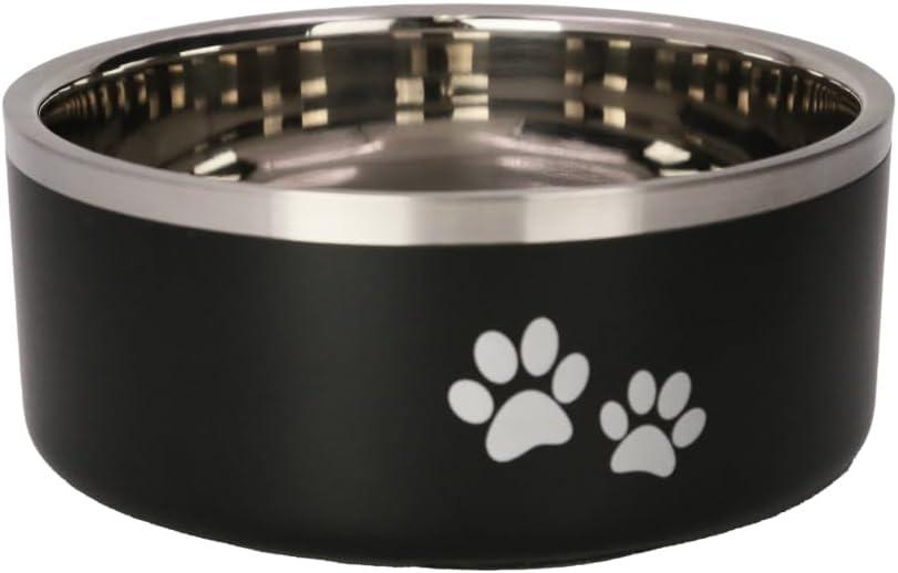 Indipets Stainless Steel Double Wall with Paw Prints Pet Bowl, Black, 16-oz