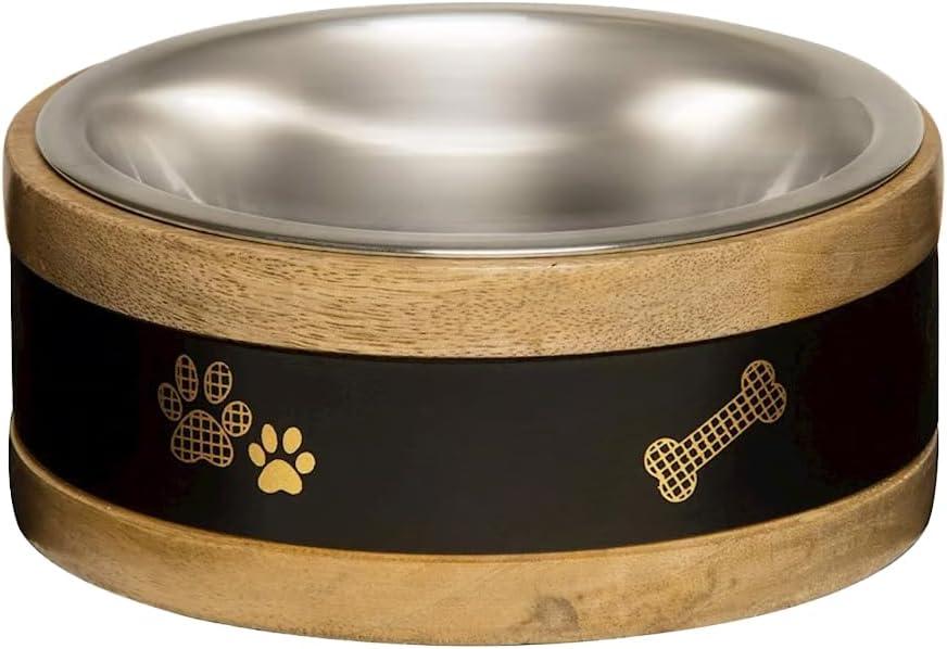 Indipets Wooden Ring & Metal Plate with Paw Prints Pet Bowl, Black, 62-oz
