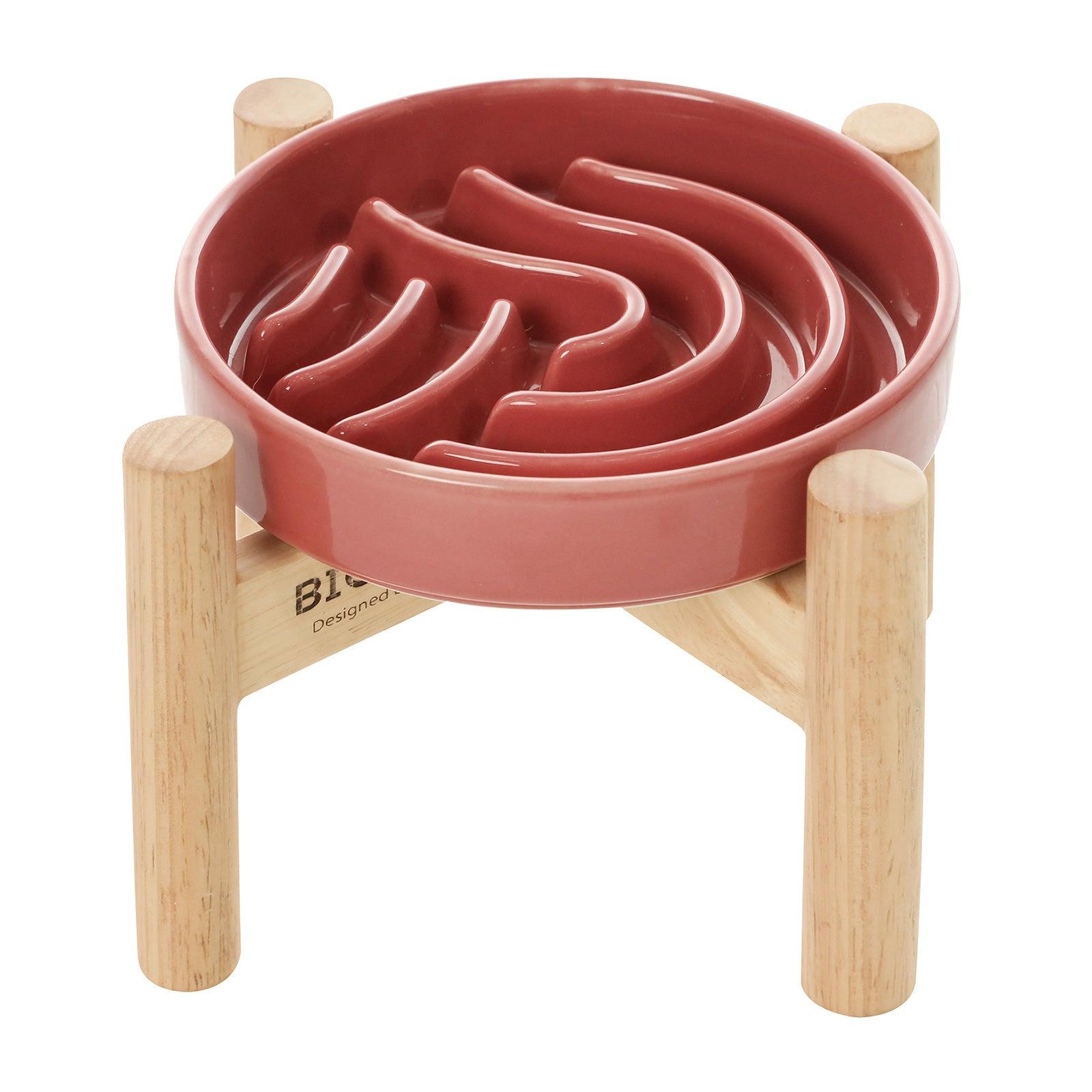 PEHOM Wave Slow Feeder Bowls with Wooden Stand for Dogs, Pink, Small