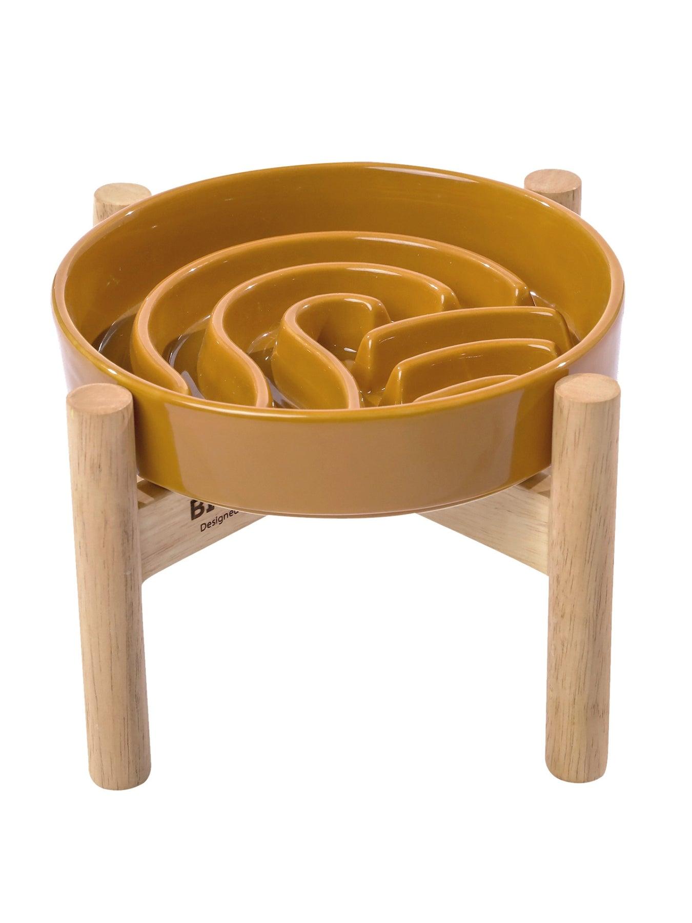 PEHOM Wave Slow Feeder Bowls with Wooden Stand for Dogs, Orange, Small