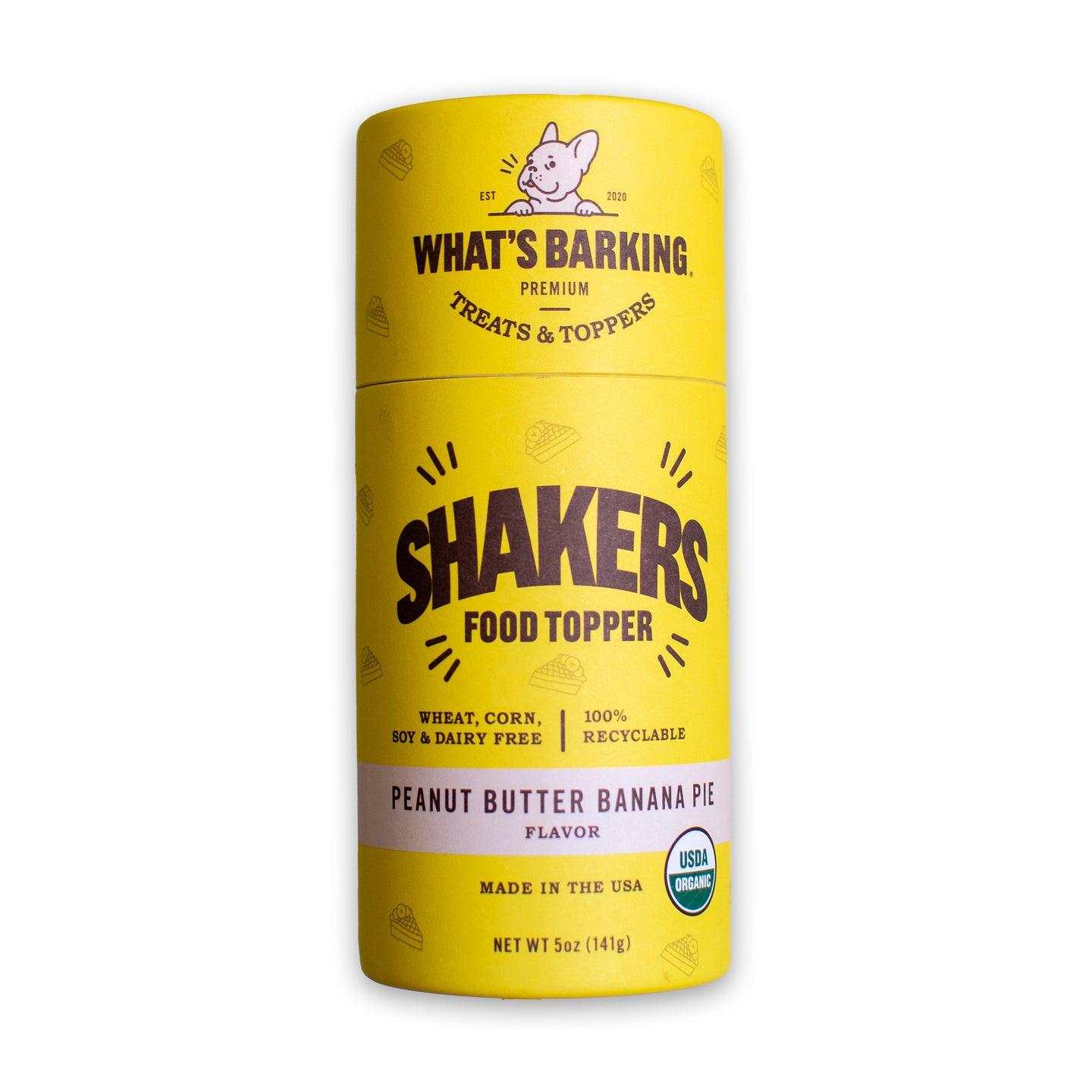 What's Barking Shakers Peanut Butter Banana Pie Dog Food Topper, 5-oz