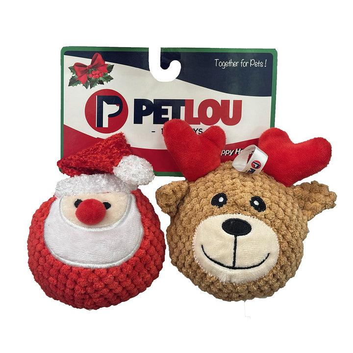 Petlou Christmas EZ Squeaky Ball Santa & Reindeer Twin Pack Dog Toy, 4-in