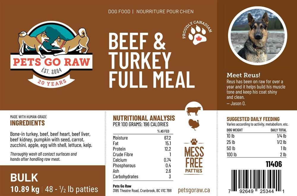 Pets Go Raw Beef & Turkey Full Meal Patties Frozen Dog Food, 24-lb
