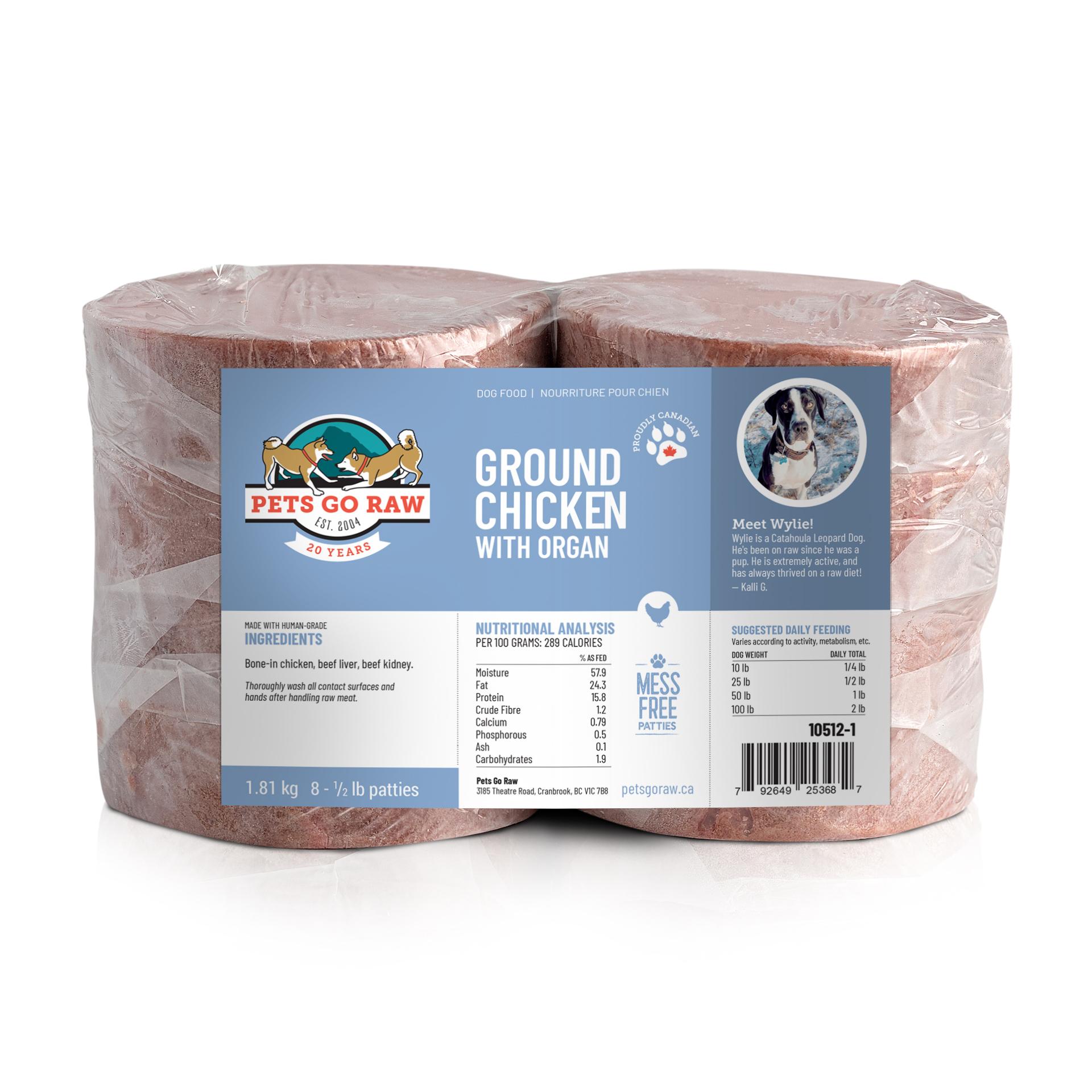 Pets Go Raw Ground Chicken with Organ Meat Patties Frozen Dog Food