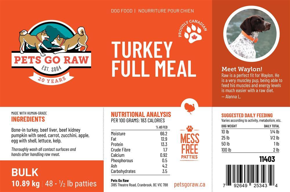 Pets Go Raw Turkey Full Meal Patties Frozen Dog Food, 24-lb