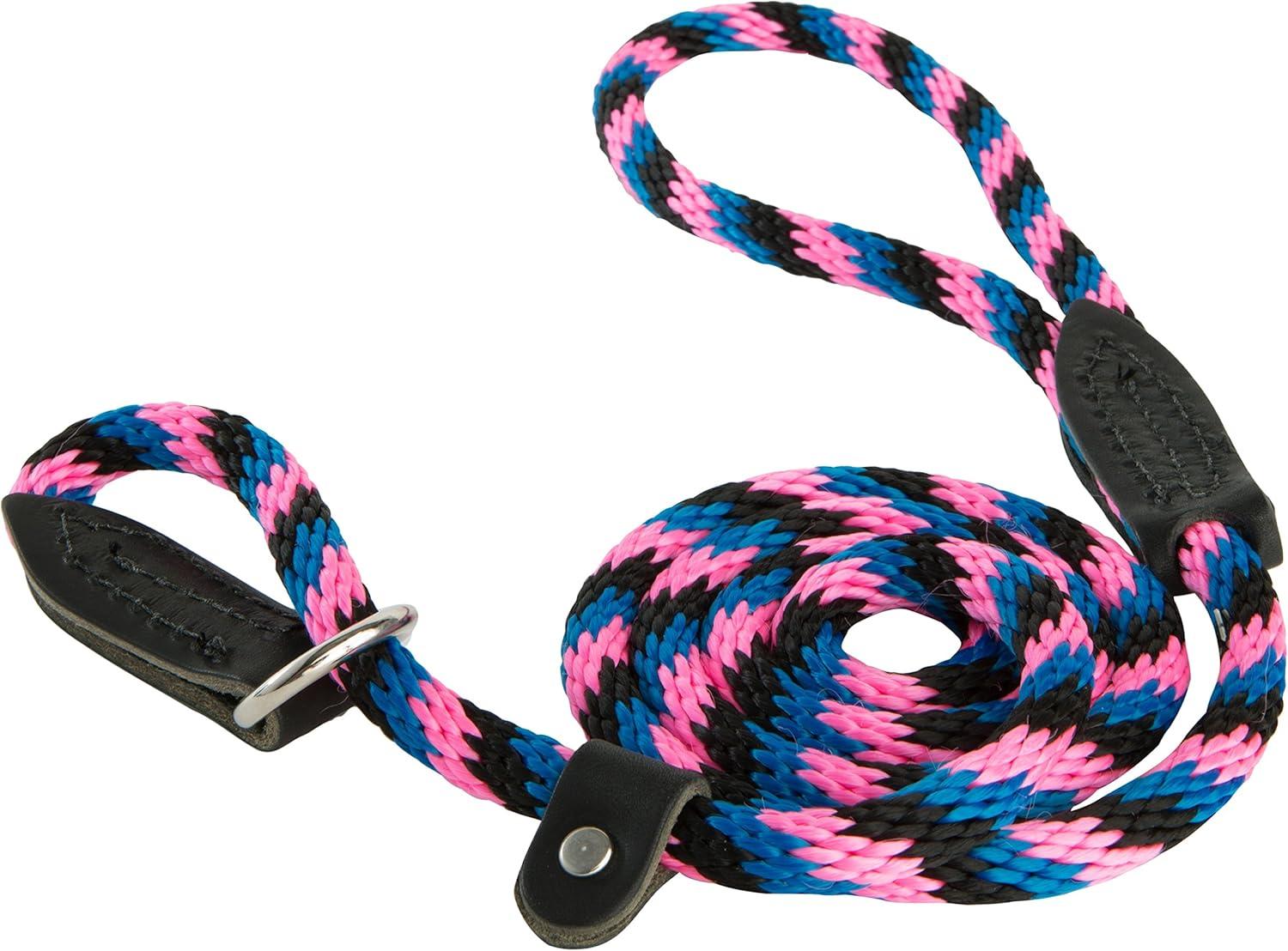 Leather Brothers/OmniPet British Rope Slip Dog Lead, Black/Hot Pink/Blue, 4-ft