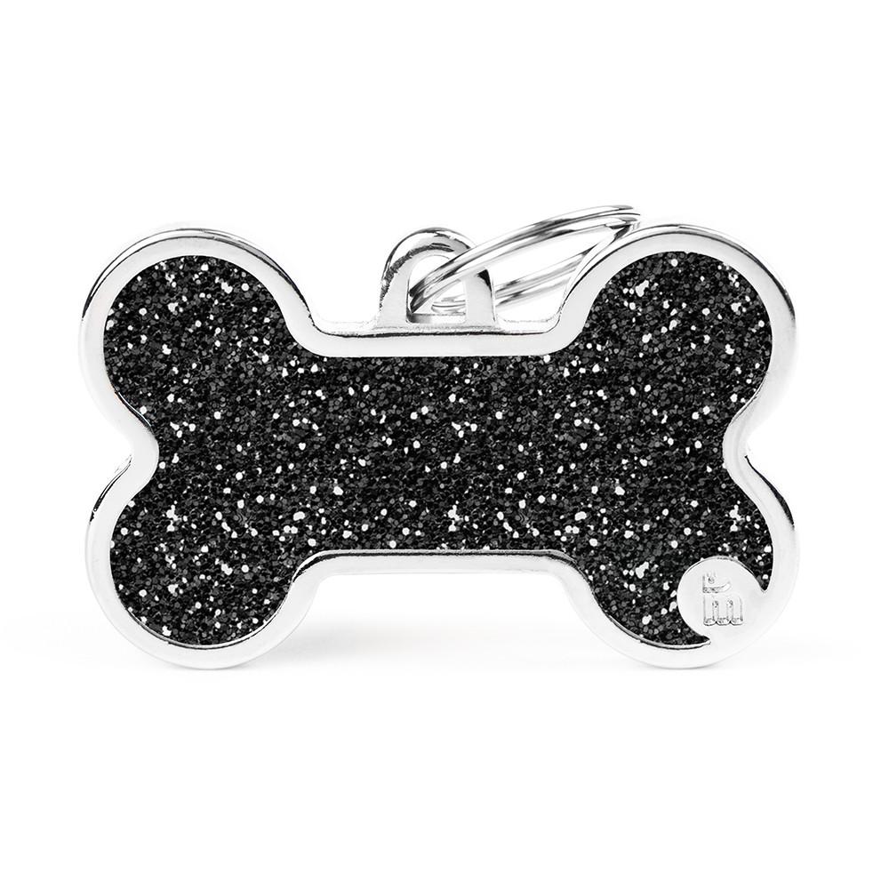 MyFamily Shine Glitter Bone Pet ID Tag, Black, X-Large