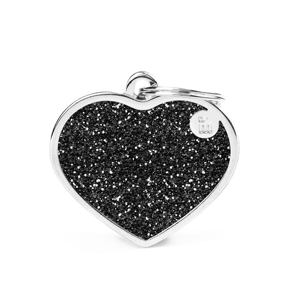 MyFamily Shine Glitter Heart Pet ID Tag, Black, Big