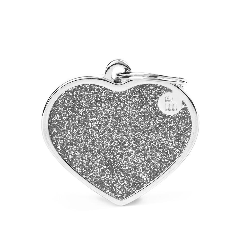 MyFamily Shine Glitter Heart Pet ID Tag, Silver, Big