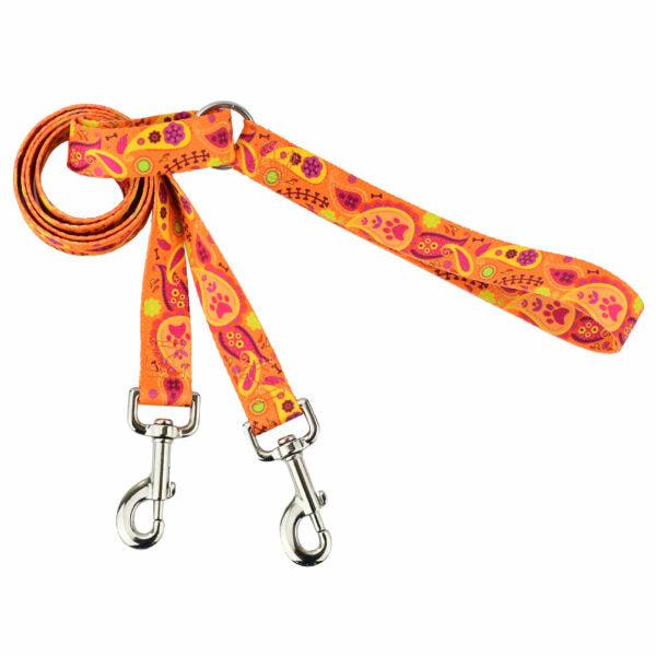 2 Hounds Design Double Connection Training Dog Leash, Orange Paisley