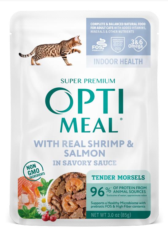 OptiMeal Indoor Health Tender Morsels with Real Shrimp & Salmon in Savory Sauce Grain-Free Wet Cat Food Pouch, 3-oz