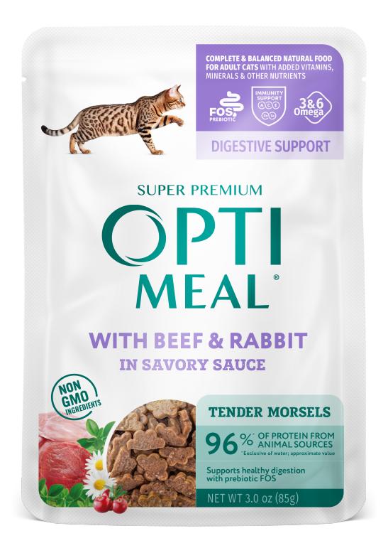 OptiMeal Digestive Support Tender Morsels with Beef & Rabbit in Savory Sauce Grain-Free Wet Cat Food Pouch, 3-oz