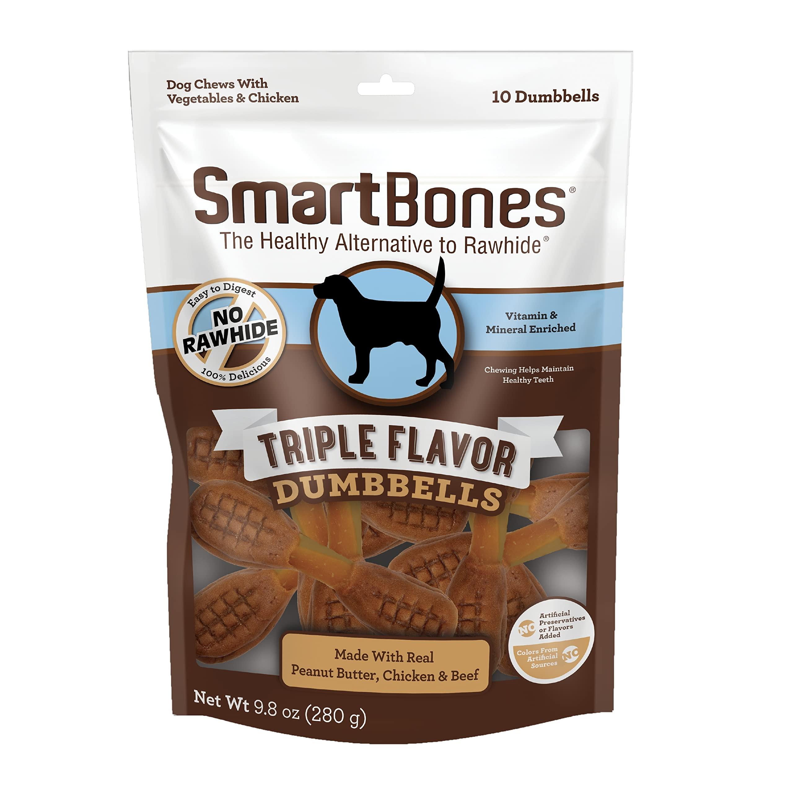 SmartBones Triple Flavor Dumbbells Peanut Butter, Chicken & Beef Dog Treats, 10-pk