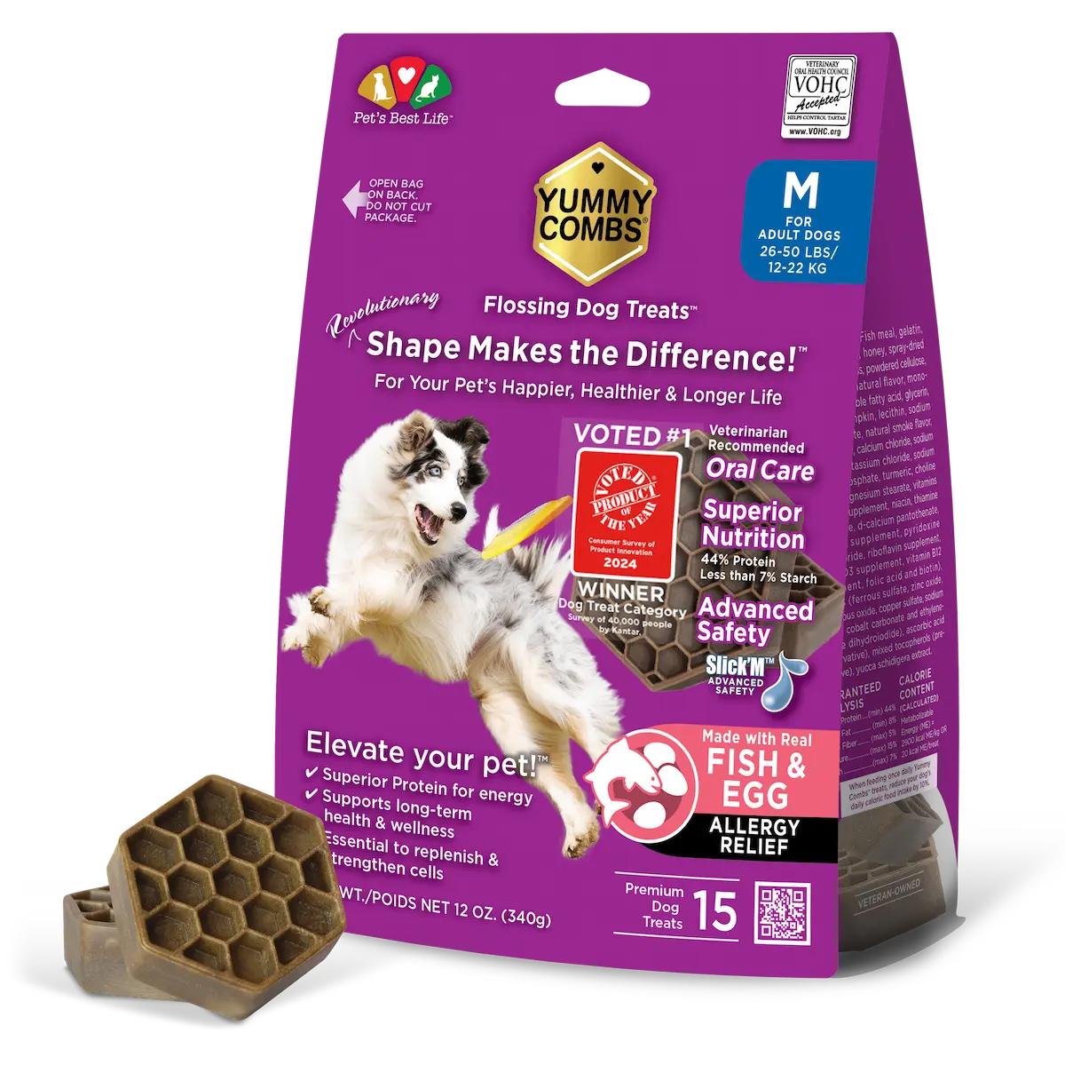 Pet's Best Life Yummy Combs Fish & Egg Dental Chew Dog Treats Bag, Medium, 12-oz