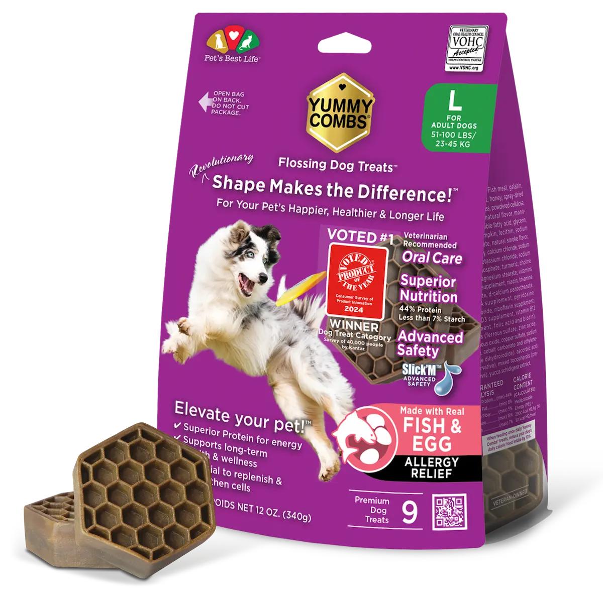 Pet's Best Life Yummy Combs Fish & Egg Dental Chew Dog Treats Bag, Large, 12-oz