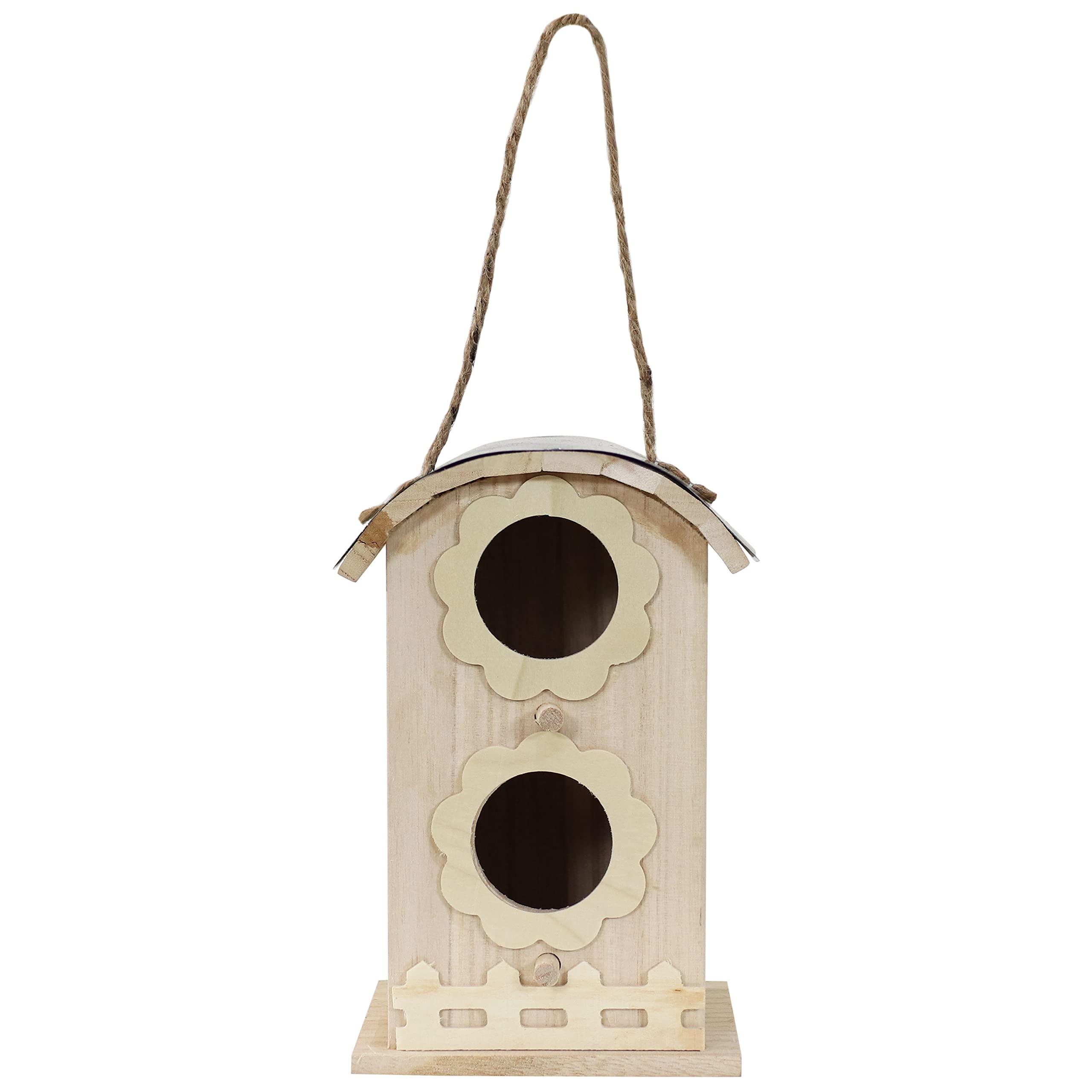 Sunnydaze 2 Level Wooden Bungalow Hanging Bird House, 7-in