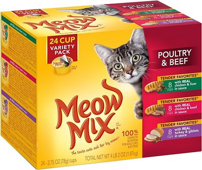 Meow Mix Tender Favorites Poultry & Beef Cat Food Trays Variety Pack, 2.75-oz, 24-pack