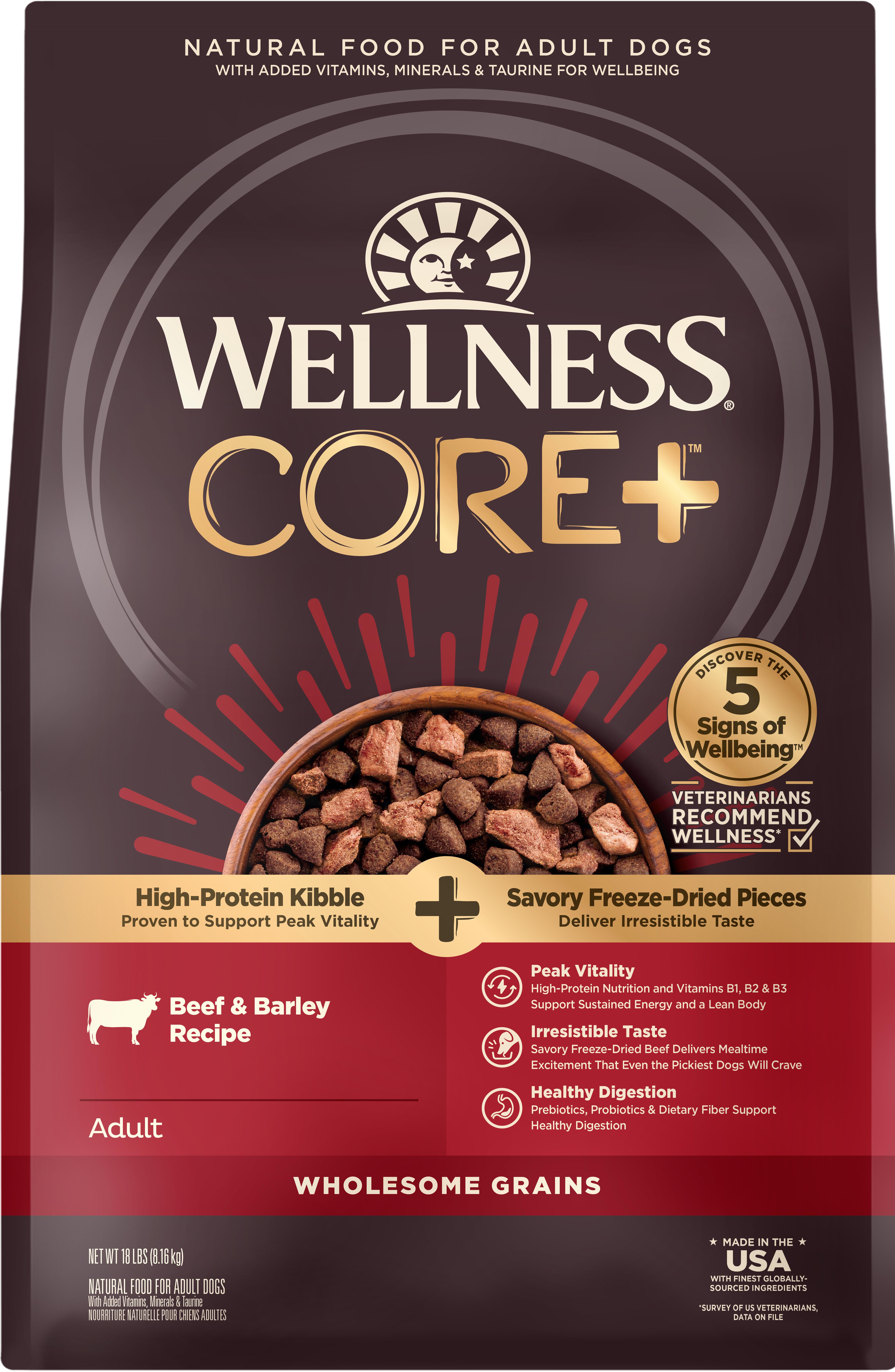 Wellness CORE+ Beef & Barley Wholesome Grains Freeze-Dried Pieces Dry Dog Food, 18-lb