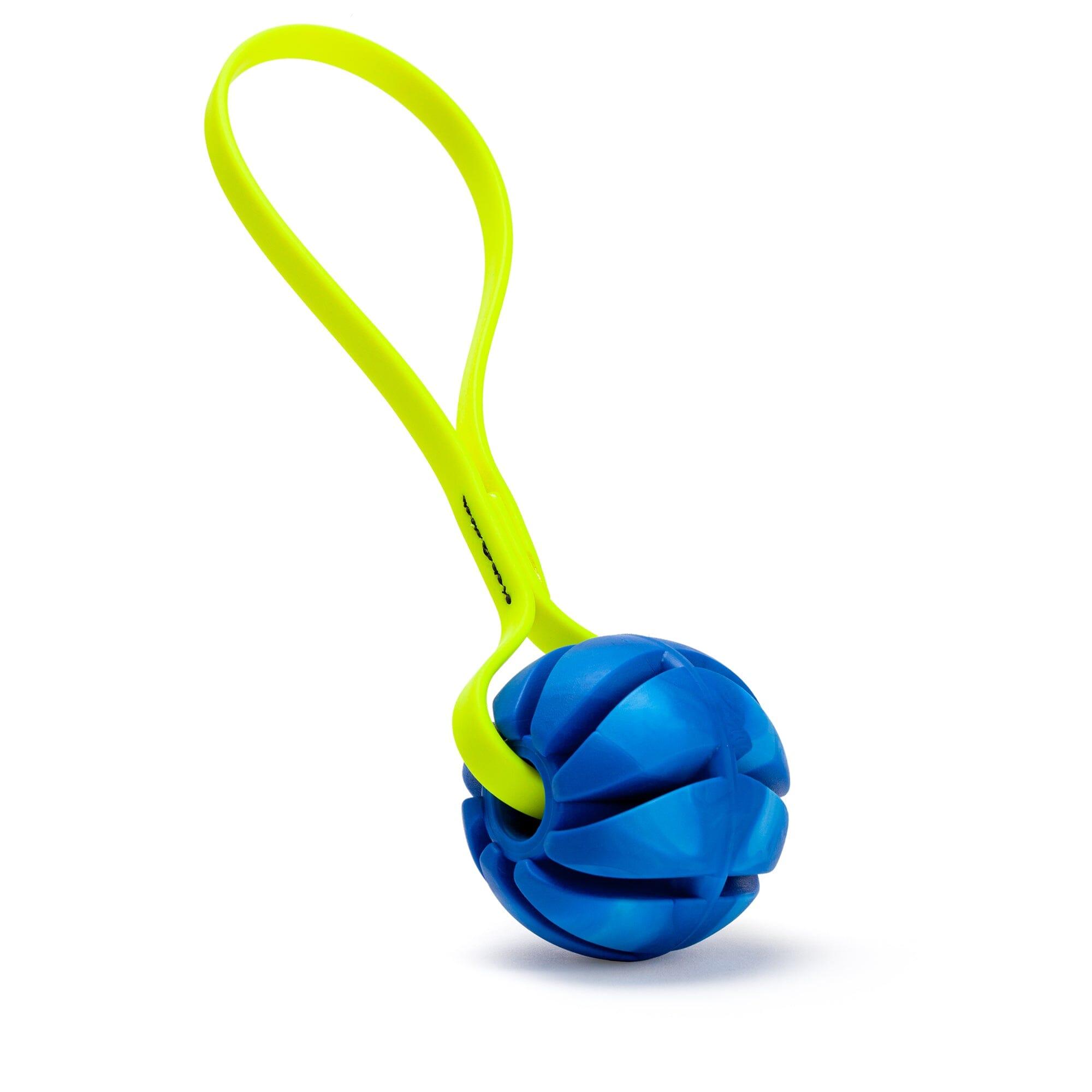 Dogline Rubber Spiral Ball with Biothane Handle Dog Toy, Blue/Safety Yellow, 2.75-in