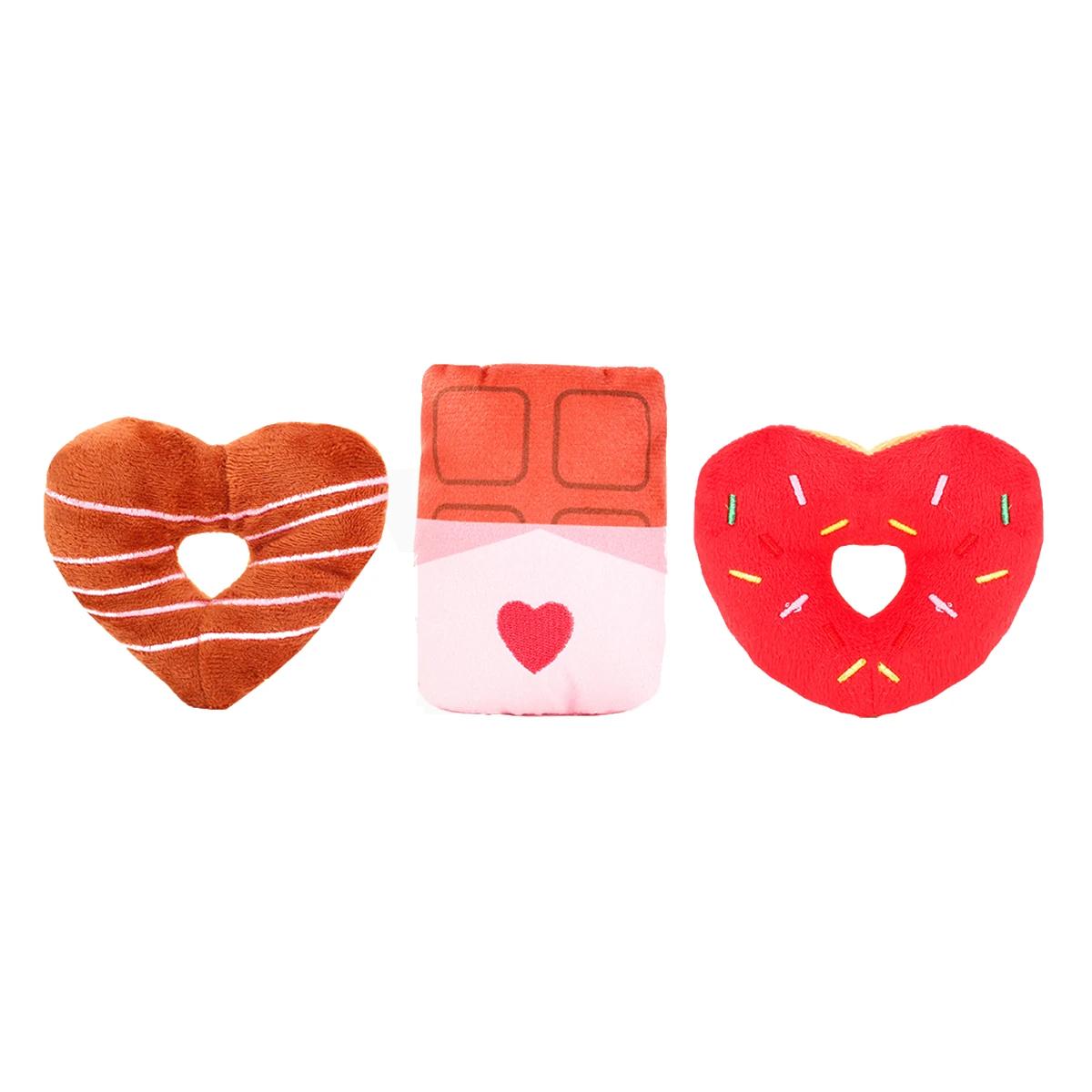 Hugsmart Fuzzy Friendz Valentine's Woof Love Donuts & Chocolate Dog Toy, 3-pk