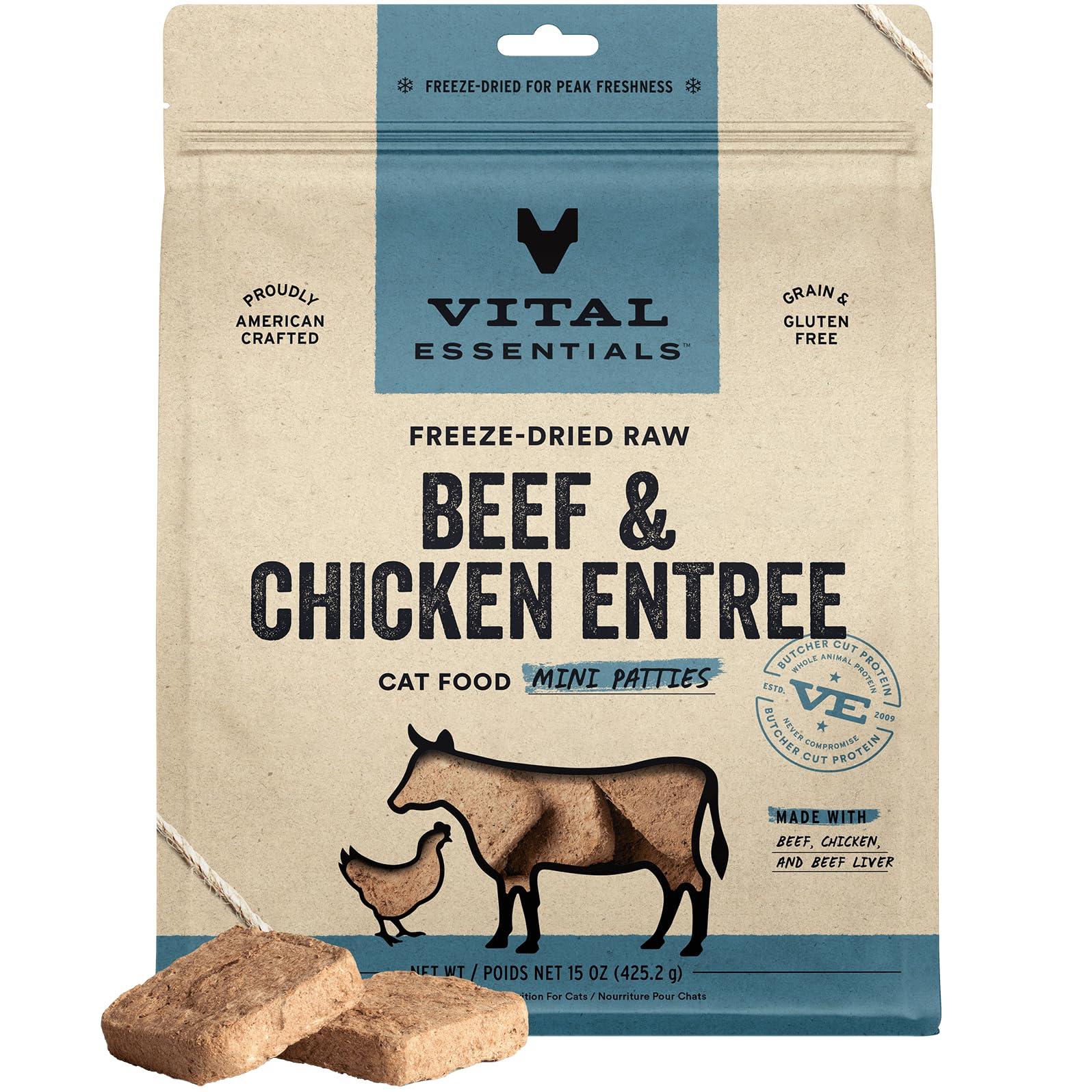 Vital Essentials Beef & Chicken Entree Mini Patties Freeze-Dried Raw Cat Food, 15-oz