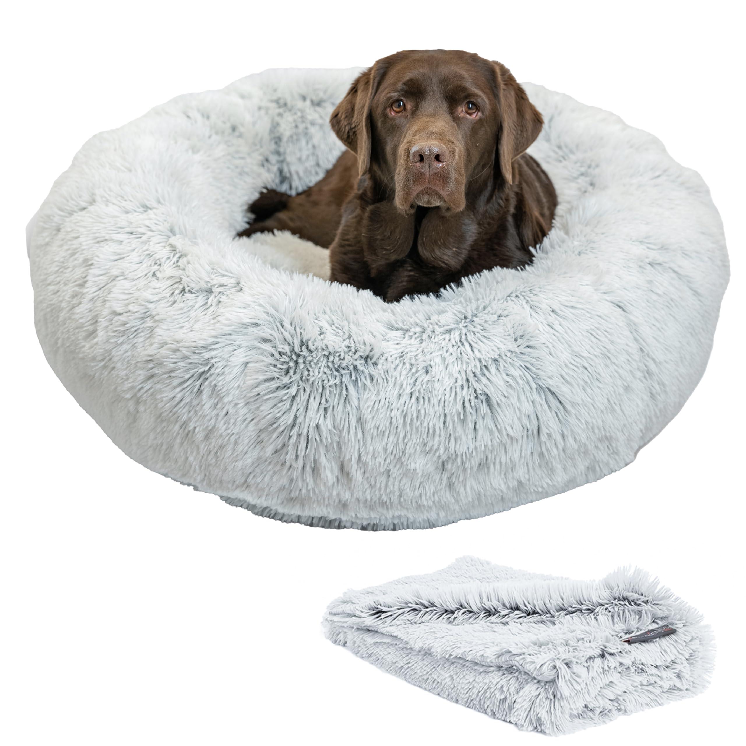Outward Hound Bundle Set The Original Calming Shag Donut Cuddler Bed + Throw Blanket for Pets, Frost