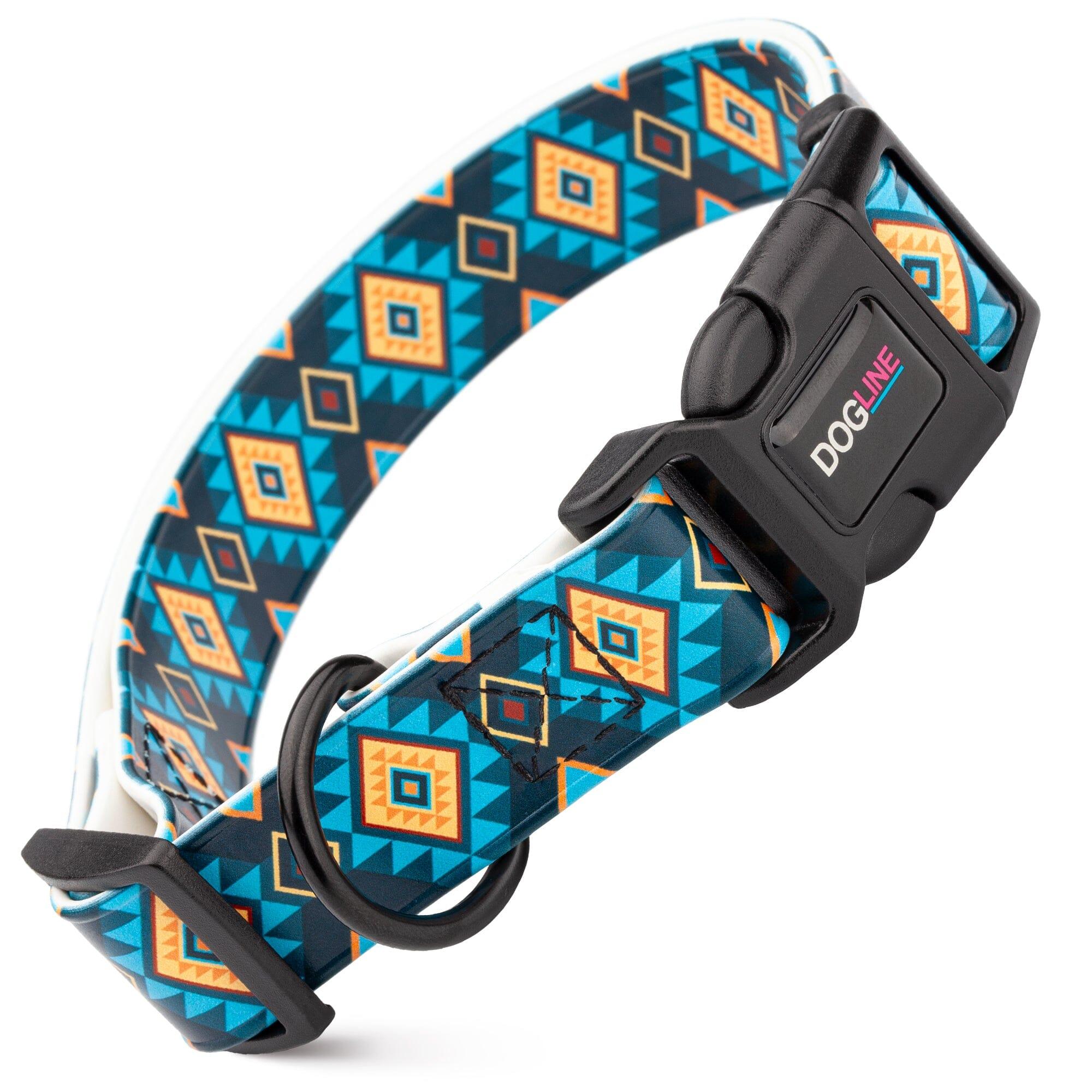 Dogline Biothane Full Color Design Printed Collar with Quick Release Buckle for Dogs, Blue Aztec, 3/4-in x 12-19-in