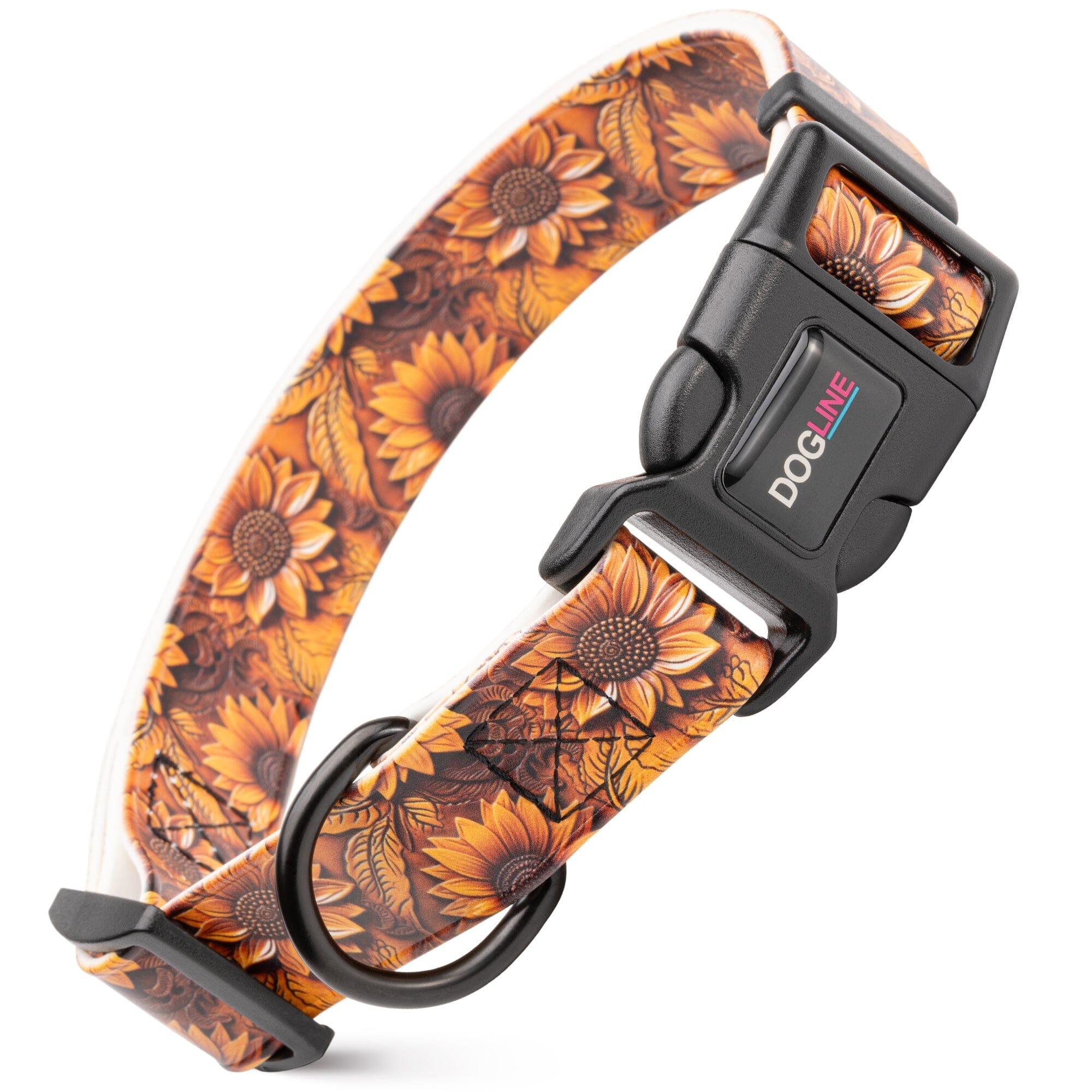 Dogline Biothane Full Color Design Printed Collar with Quick Release Buckle for Dogs, Leather Sunflower, 1-in x 15-23-in