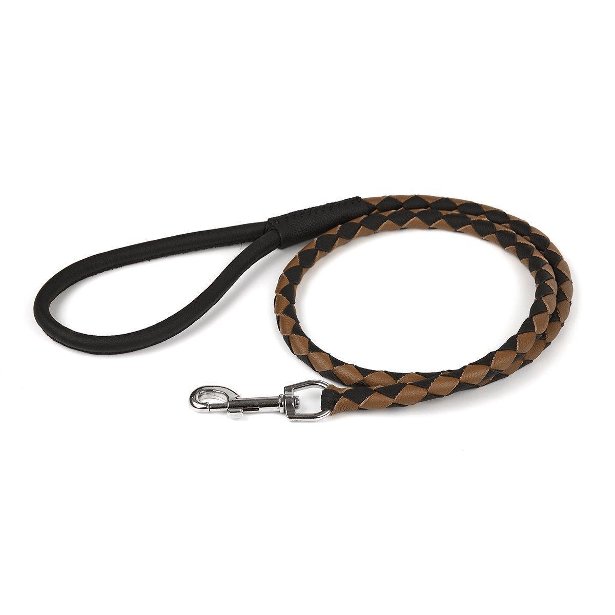 Dogline Soft Leather Dual-Color Braided Round Dog Leash, Black/Brown, 3/8-in x 48-in