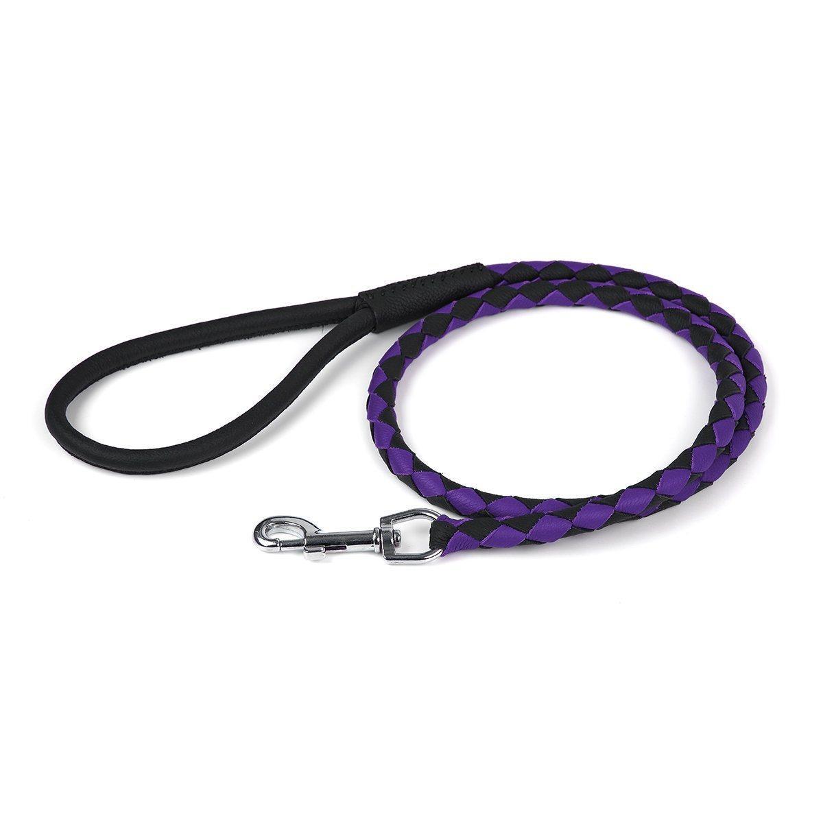 Dogline Soft Leather Dual-Color Braided Round Dog Leash, Black/Purple, 3/8-in x 48-in
