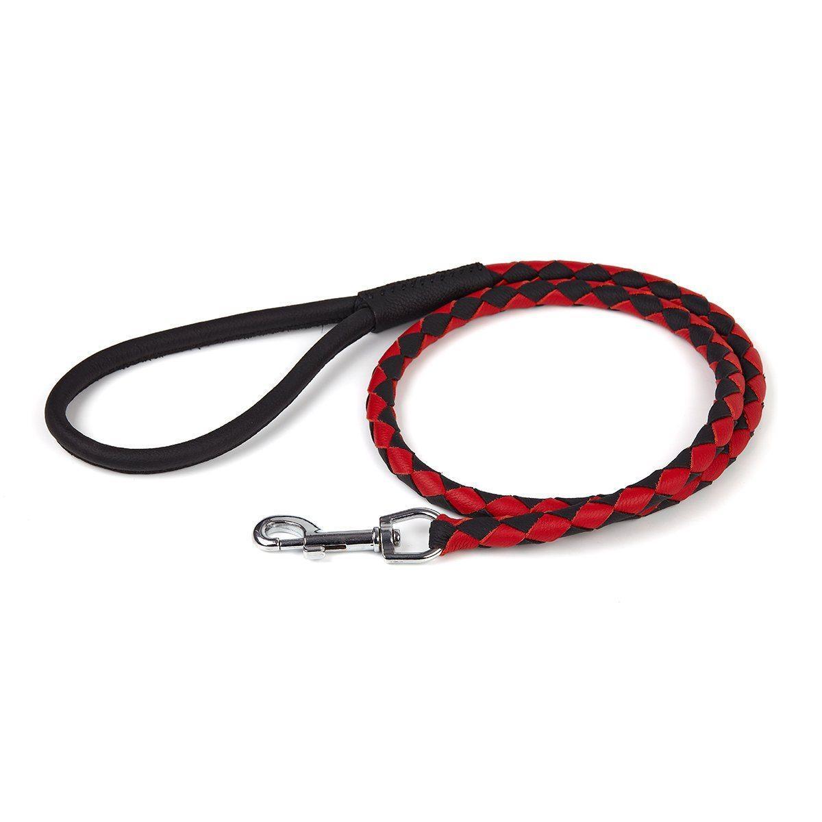 Dogline Soft Leather Dual-Color Braided Round Dog Leash, Black/Red