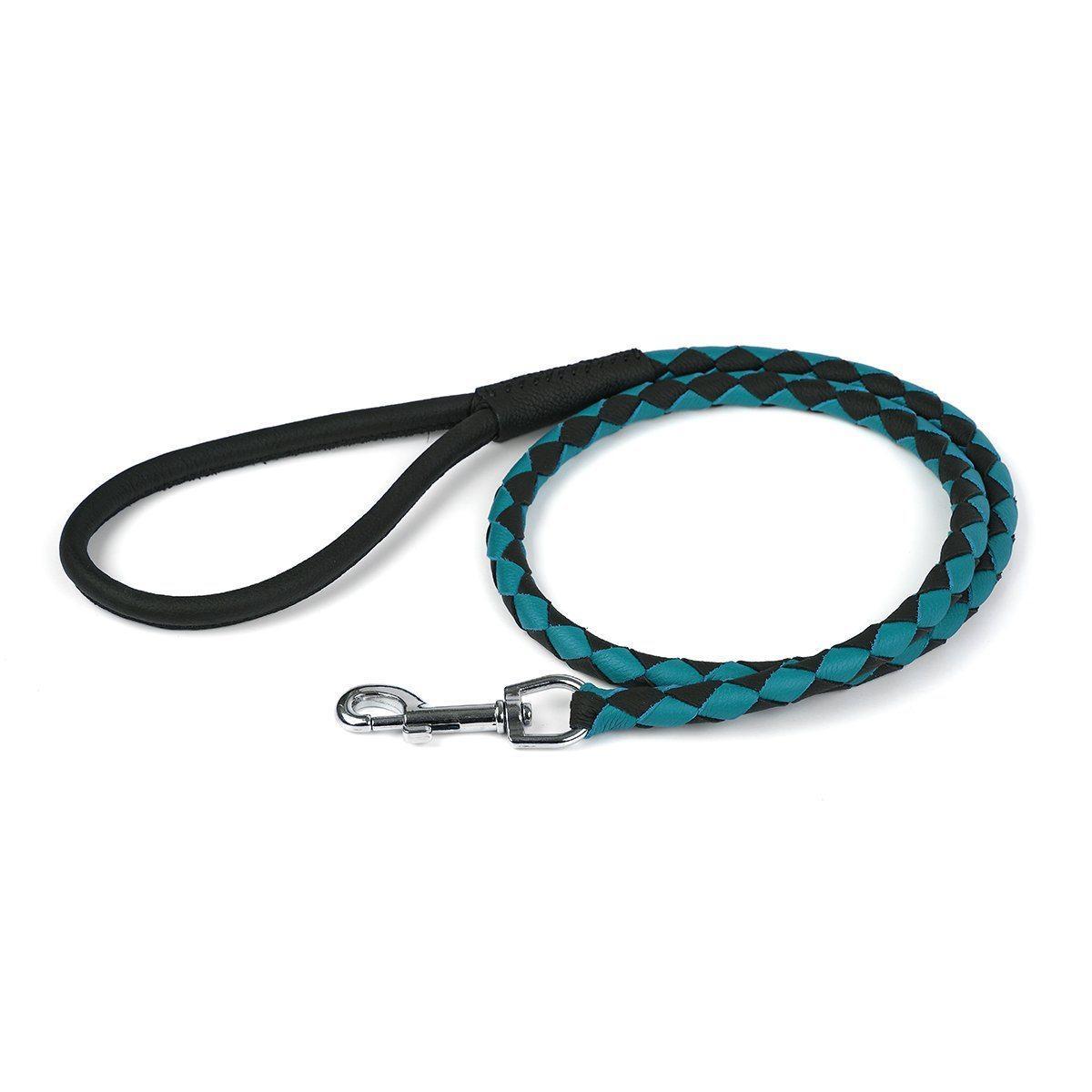 Dogline Soft Leather Dual-Color Braided Round Dog Leash, Black/Teal, 3/8-in x 48-in