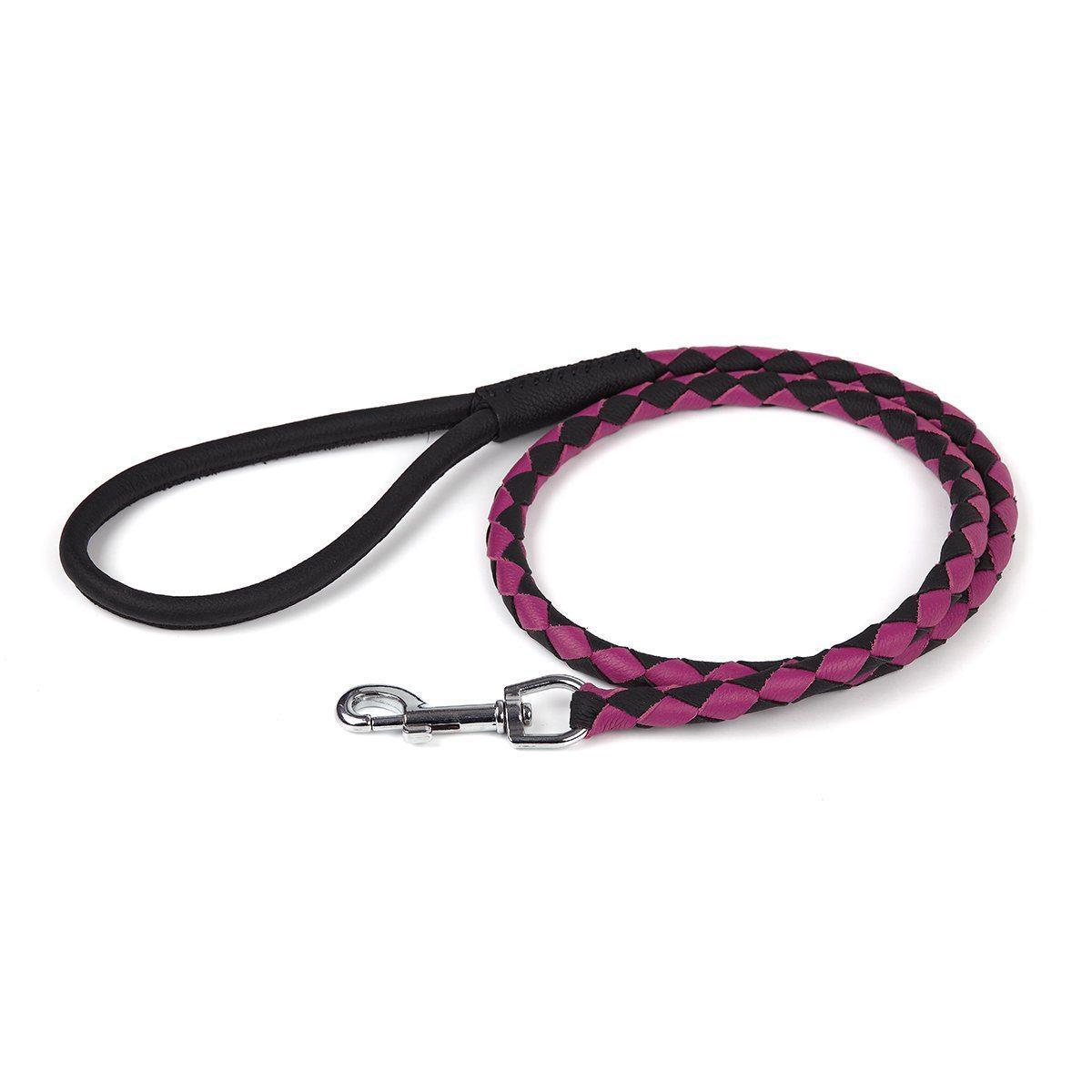 Dogline Soft Leather Dual-Color Braided Round Dog Leash, Pink/Black