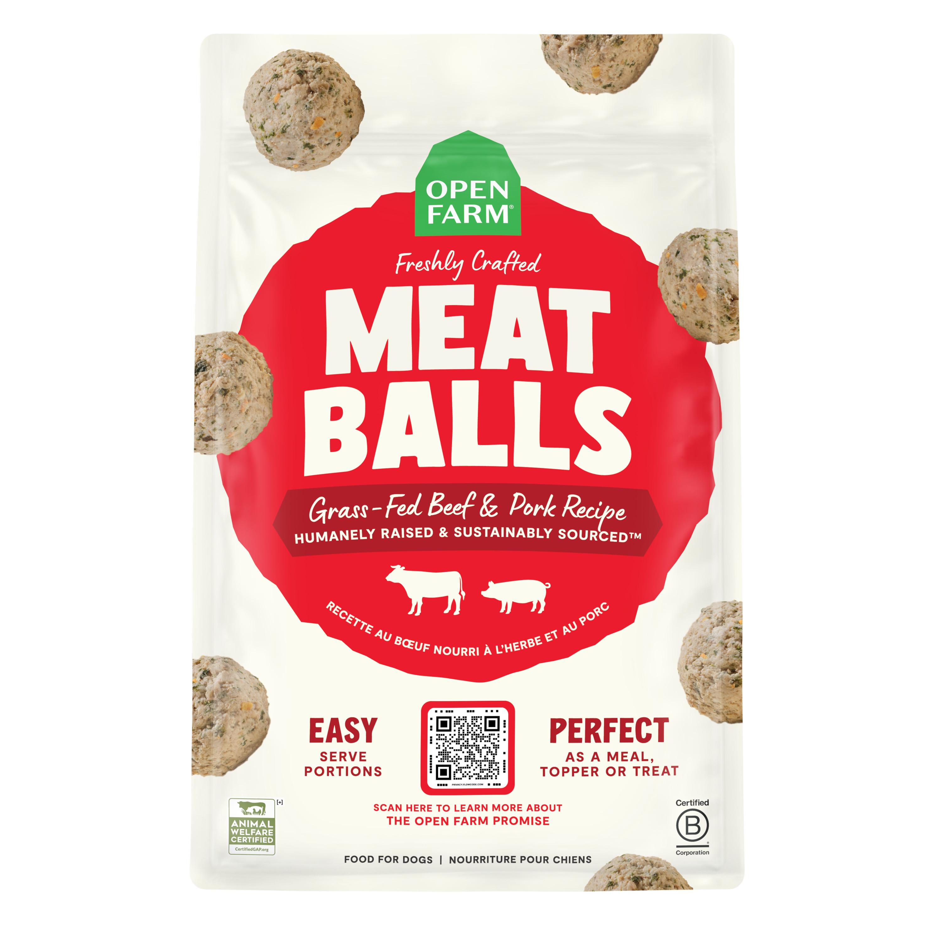 Open Farm Freshly Crafted Meatballs Grass-Fed Beef & Pork Recipe Gently Cooked Frozen Dog Food
