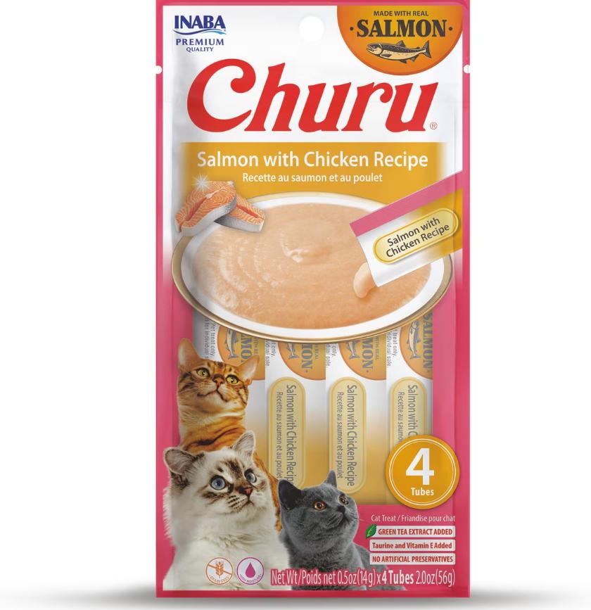 Inaba Churu Salmon with Chicken Puree Grain-Free Cat Treats, 2-oz, 4-pk