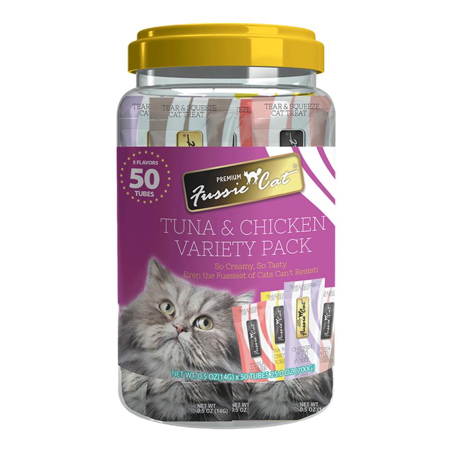 Fussie Cat Tuna & Chicken Puree 5 Flavors Variety Pack Cat Treats, 50-count