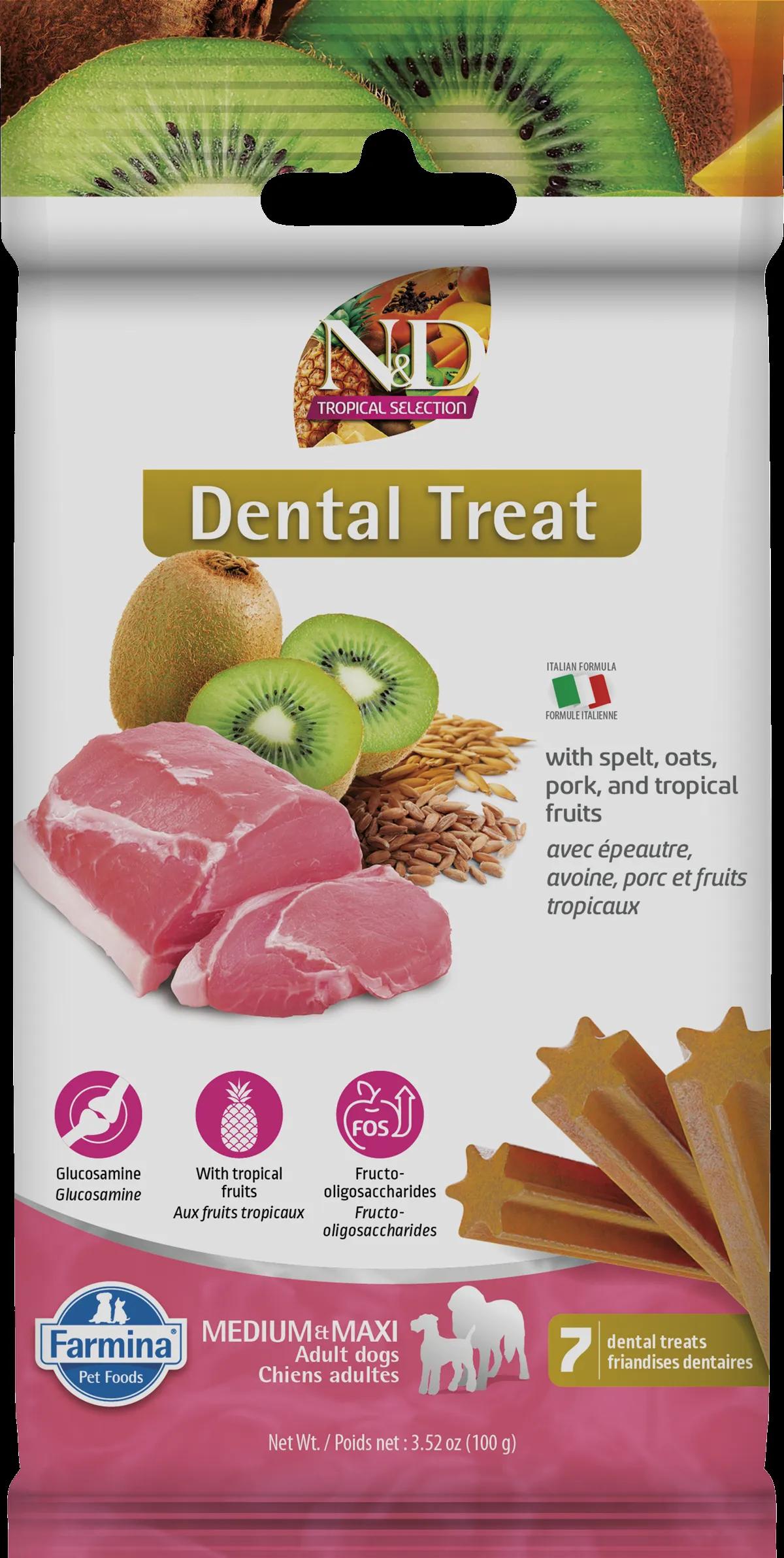 Farmina Pork, Spelt, Oats & Tropical Fruits Adult Medium & Maxi Dental Dog Treats, 3.5-oz