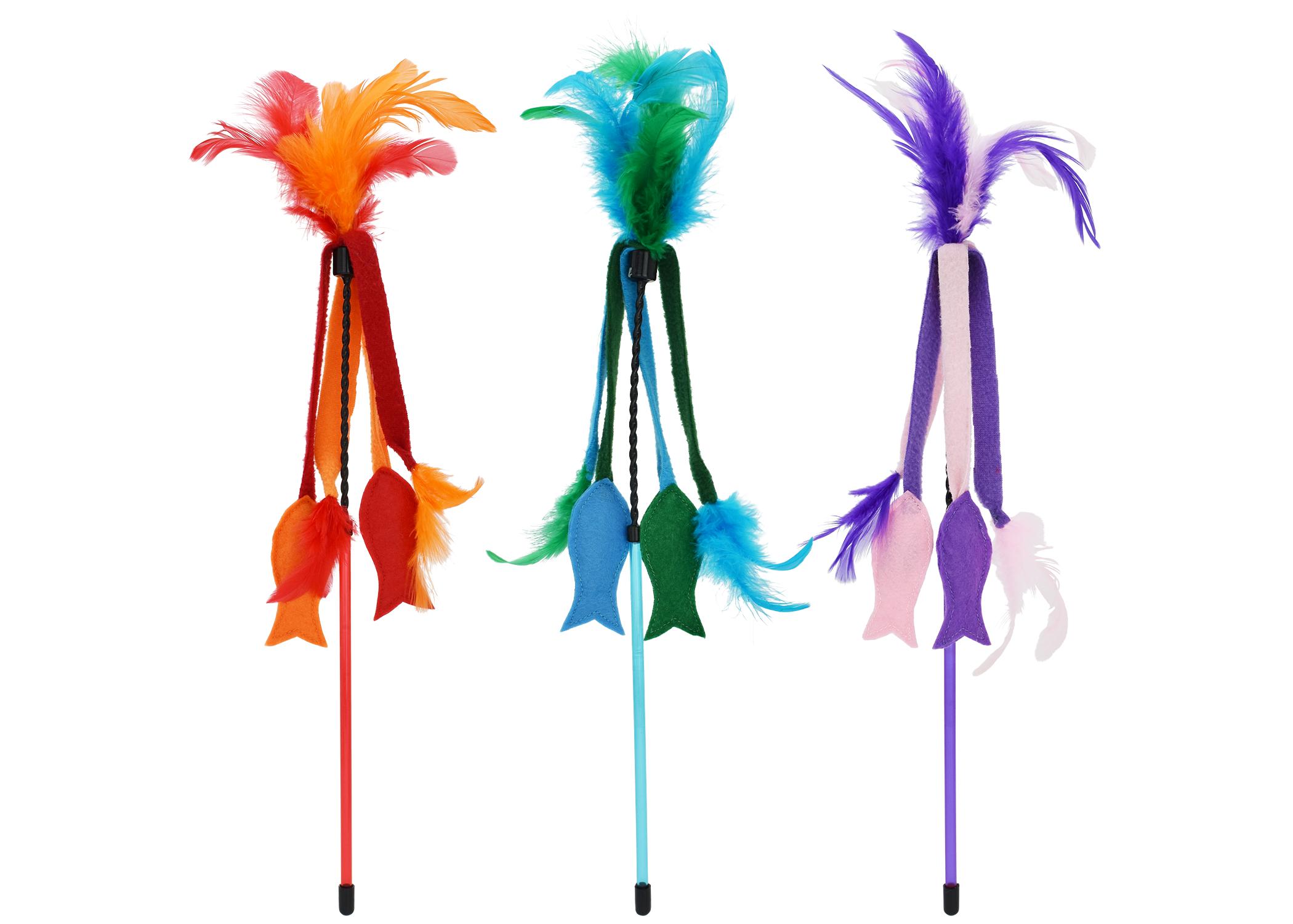 Multipet Felt Fish Wand Cat Toy, Assorted, 17-in