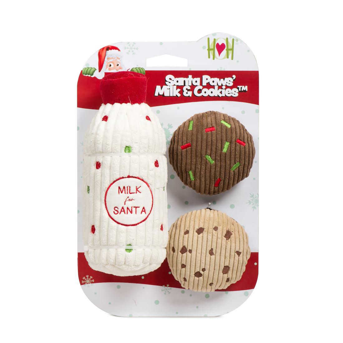 HuggleHounds Santa Paws Milk & Cookies Holiday Pack Gift Set Dog Toy, 3-pk