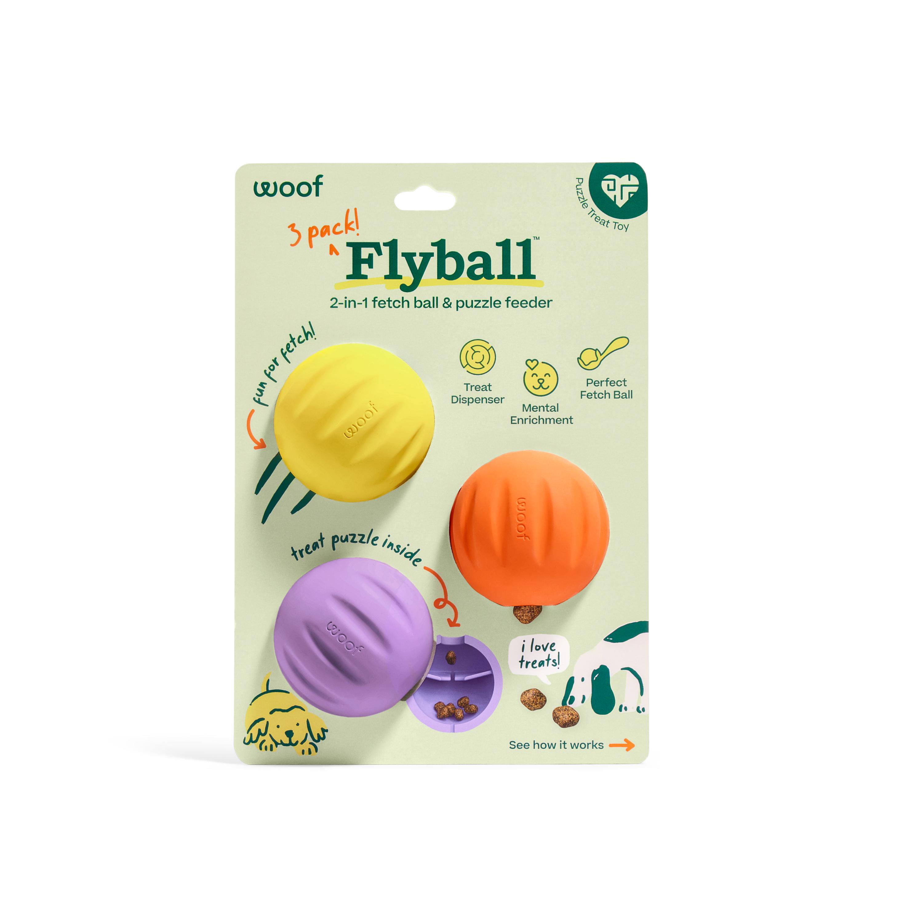 Woof Pet Flyball Treat Puzzle Ball Dog Toy, Assorted Colors, 3-pk
