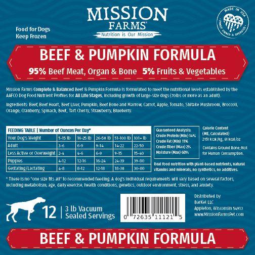 Mission Farms Beef & Pumpkin Raw Frozen Dog Food, 18-lb