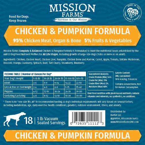 Mission Farms Chicken & Pumpkin Raw Frozen Dog Food, 18-lb