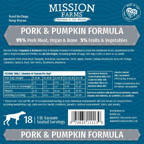 Mission Farms Pork & Pumpkin Raw Frozen Dog Food, 18-lb