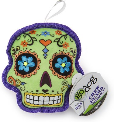 GoDog Sugar Skulls Chew Guard Squeaker Dog Toy, Green, Small