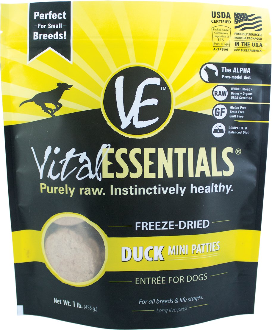 Vital Essentials Duck Entree Mini Patties Grain-Free Freeze-Dried Dog Food, 1-lb
