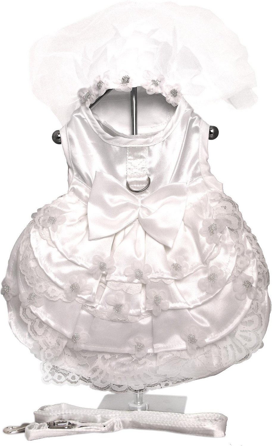 Doggie Design Dog Dress with Matching Leash, Wedding Dress White Satin & Lace