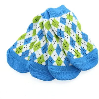 Doggie Design Non-Skid Dog Socks, Blue & Green Argyle, X-Large